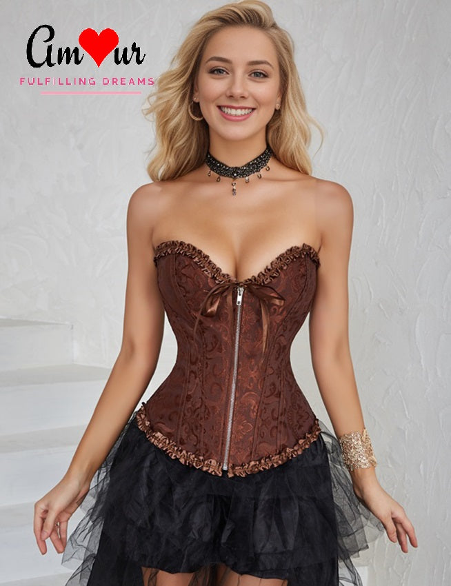 Sexy Ribbon Zip-Front Jacquared Corset Top