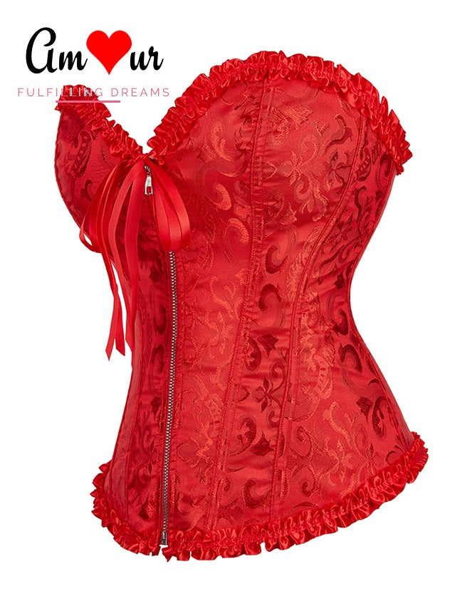 Sexy Ribbon Zip-Front Jacquared Corset Top