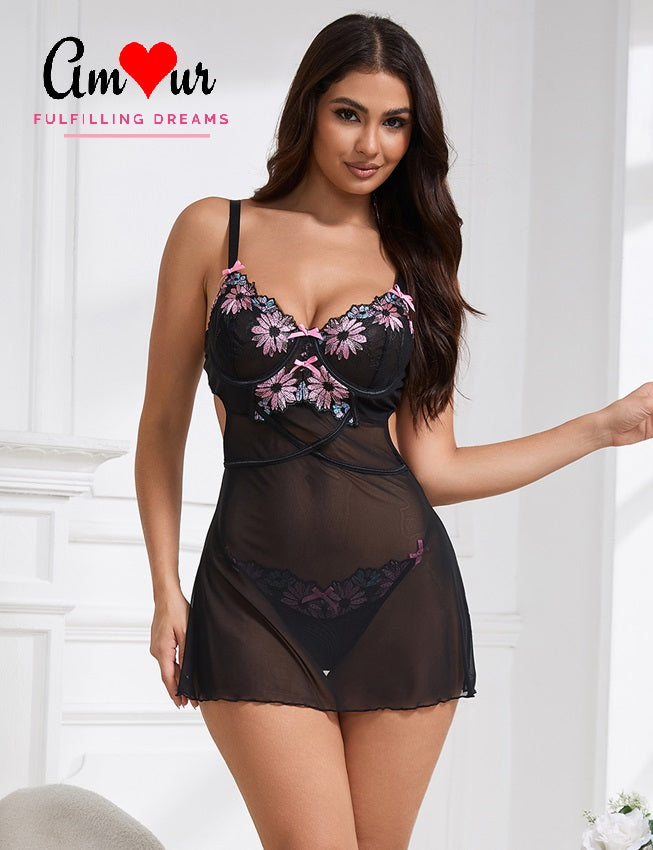 side cut in, suspender style, embroidered lace dress