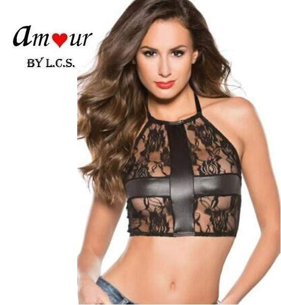 [sexy leather lace crop top] - AMOUR Lingerie