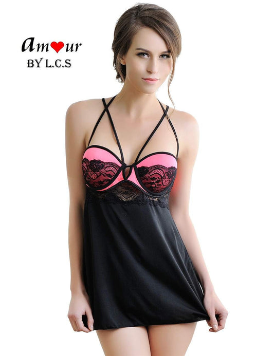 [pink halter openback babydoll] - AMOUR Lingerie