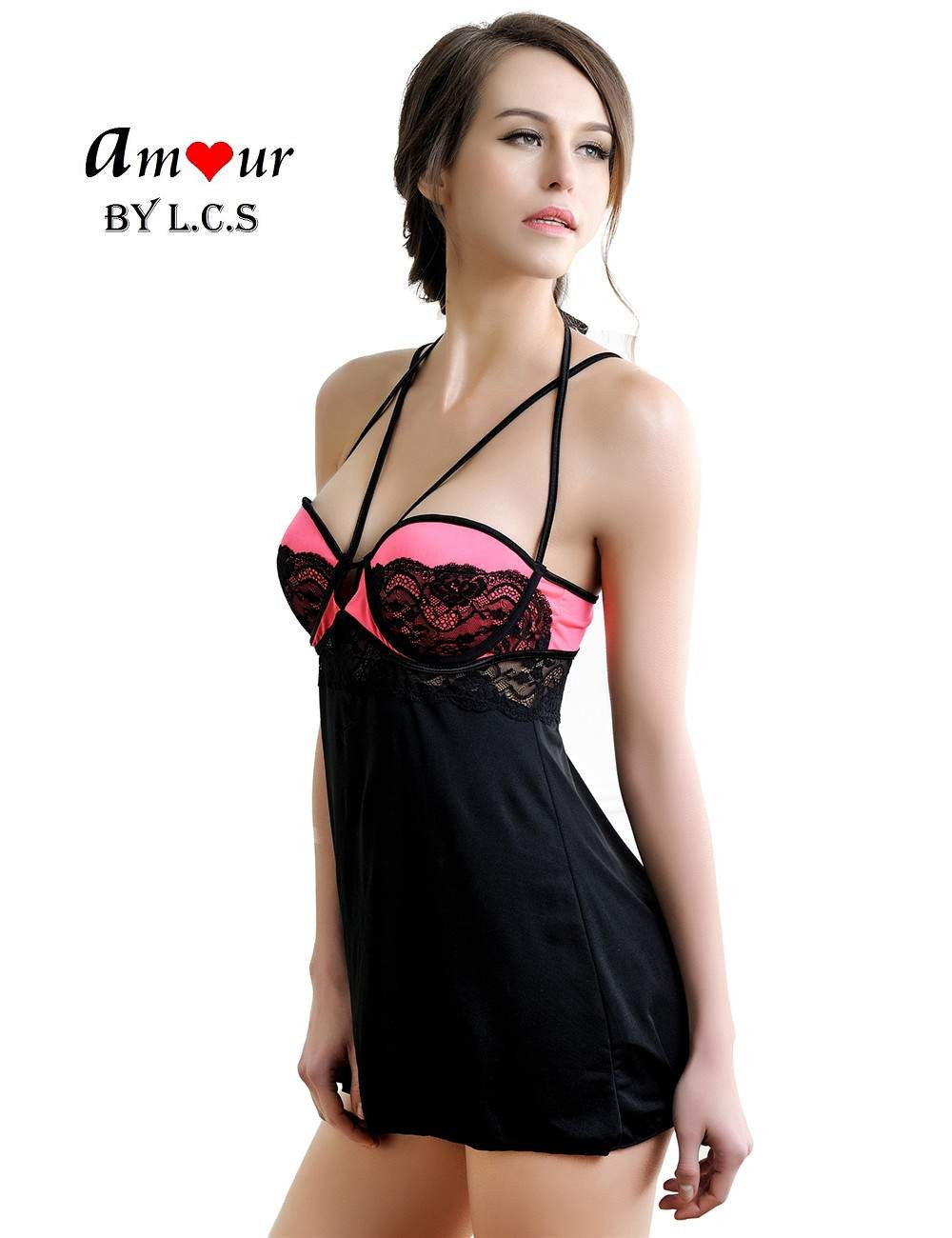 [pink halter open back babydoll] - AMOUR Lingerie