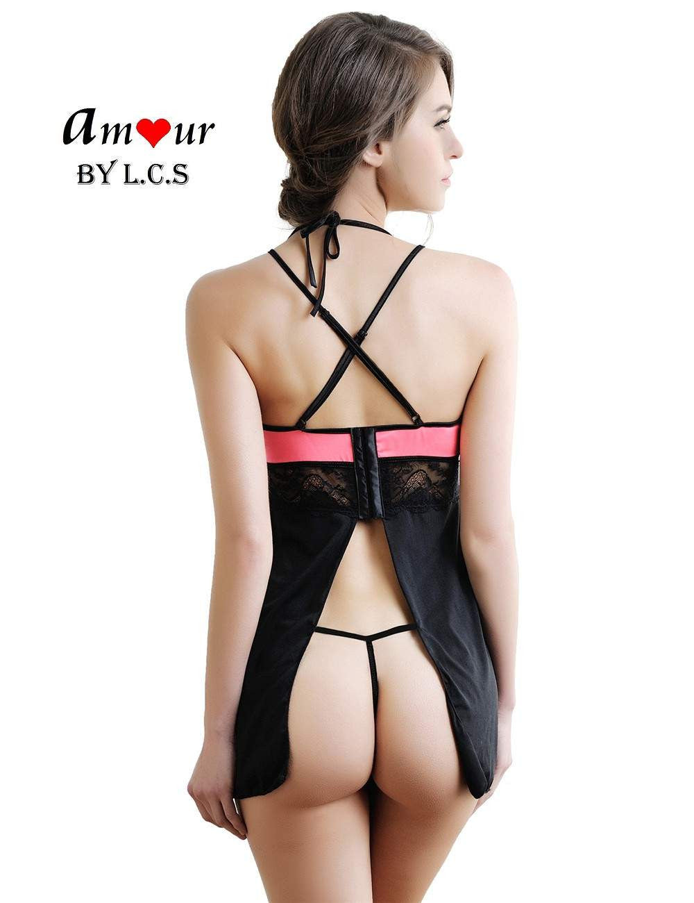 [pink halter open back babydoll] - AMOUR Lingerie