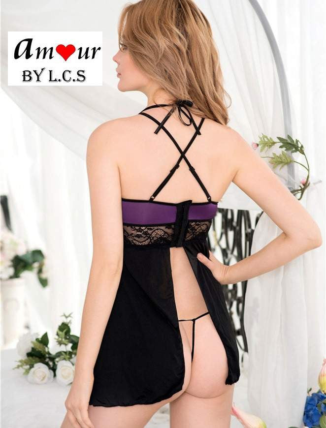 [purple halter open back babydoll] - AMOUR Lingerie