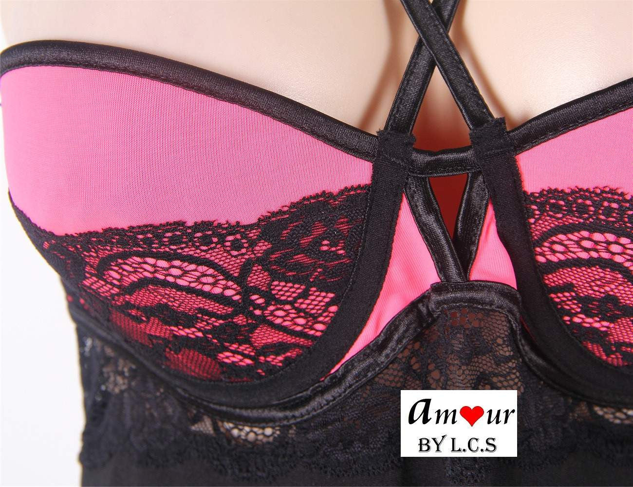 [pink lace babydoll closeup] - AMOUR Lingerie