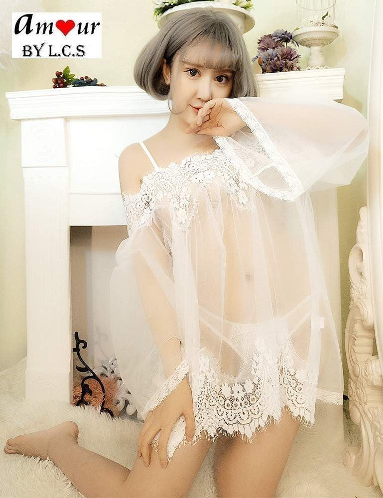 [white sheer lace sexy babydoll] - AMOUR Lingerie