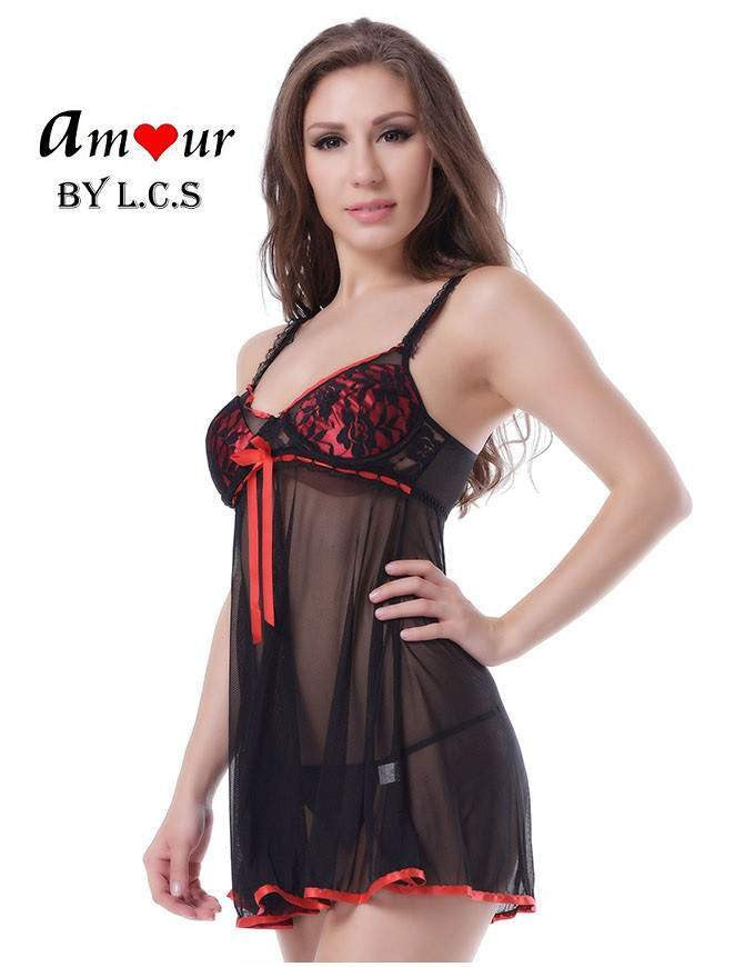 red satin cup black lace babydoll