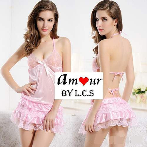 [pink halter lace babydoll lingerie] - AMOUR Lingerie