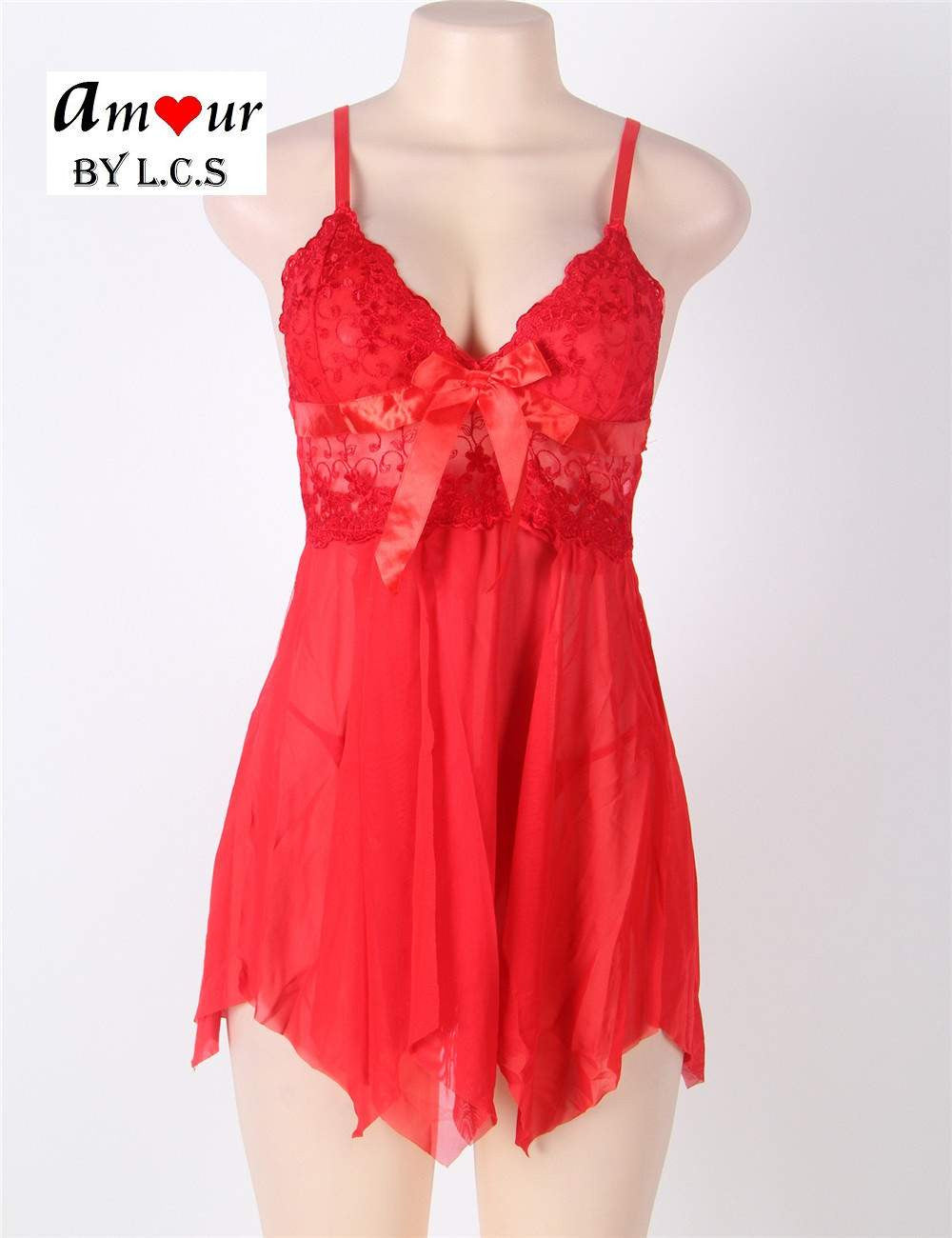 [red lace babydoll on mannikin] - AMOUR Lingerie