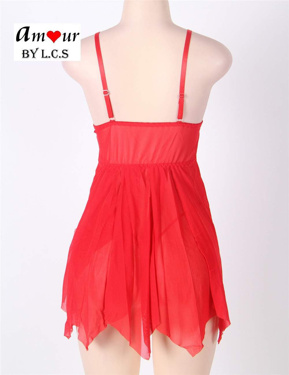 [red lace babydoll on mannequin backview] - AMOUR Lingerie