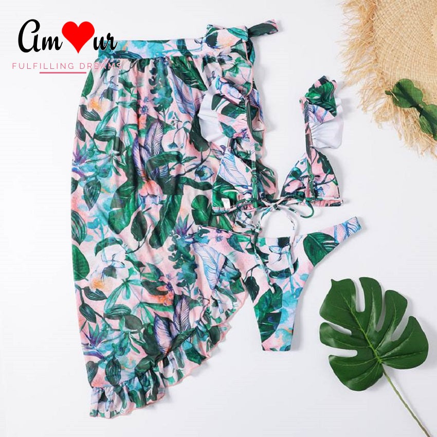 side opening ruffles skirt bikini set