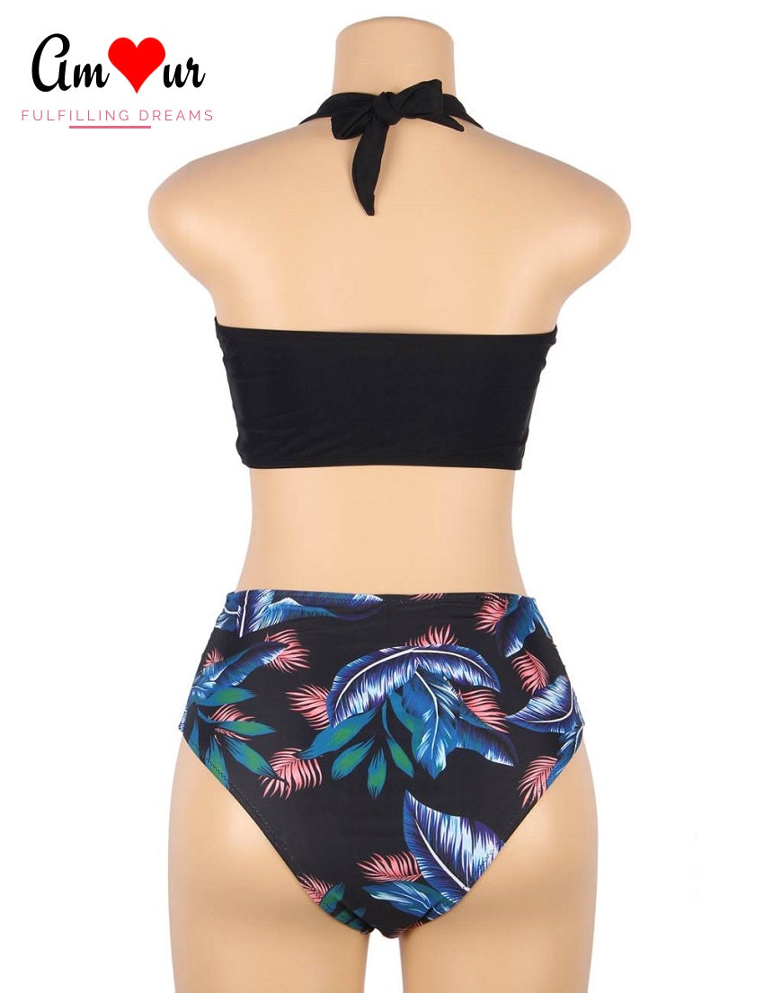 black halter tropical swimwear backview