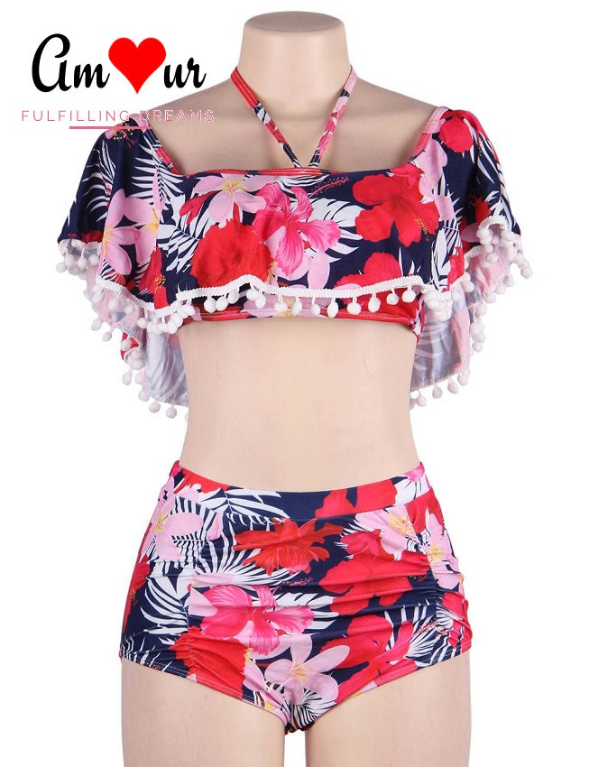 Off-Shoulder 2-Piece Pom Pom Bikini Swimwear