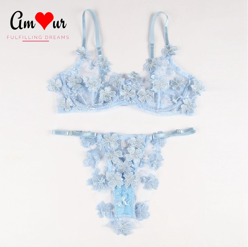 Felicity Floral Embroidered Applique Bra & Panty Lingerie Set