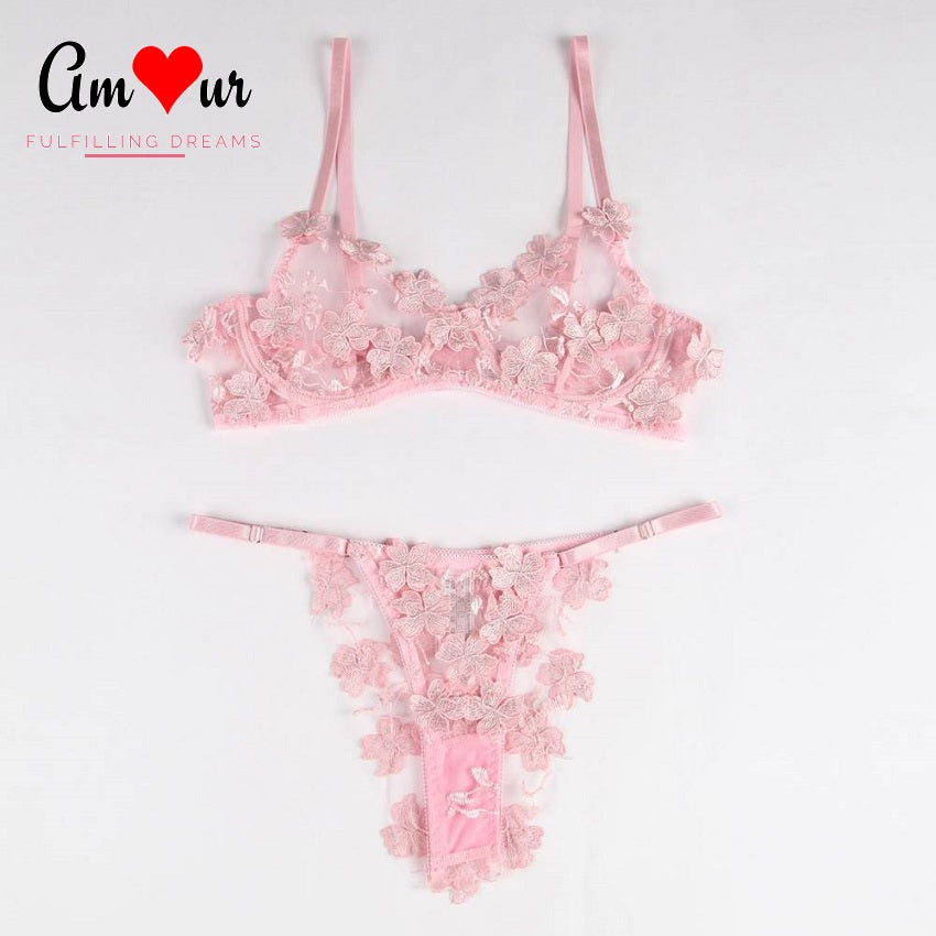 Felicity Floral Embroidered Applique Bra & Panty Lingerie Set
