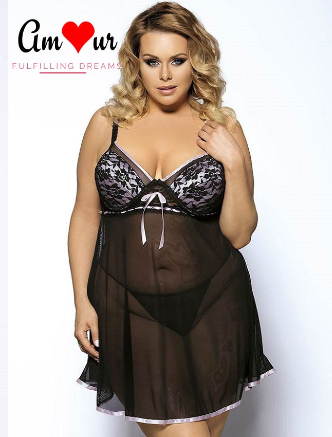 light pink satin cup black lace babydoll