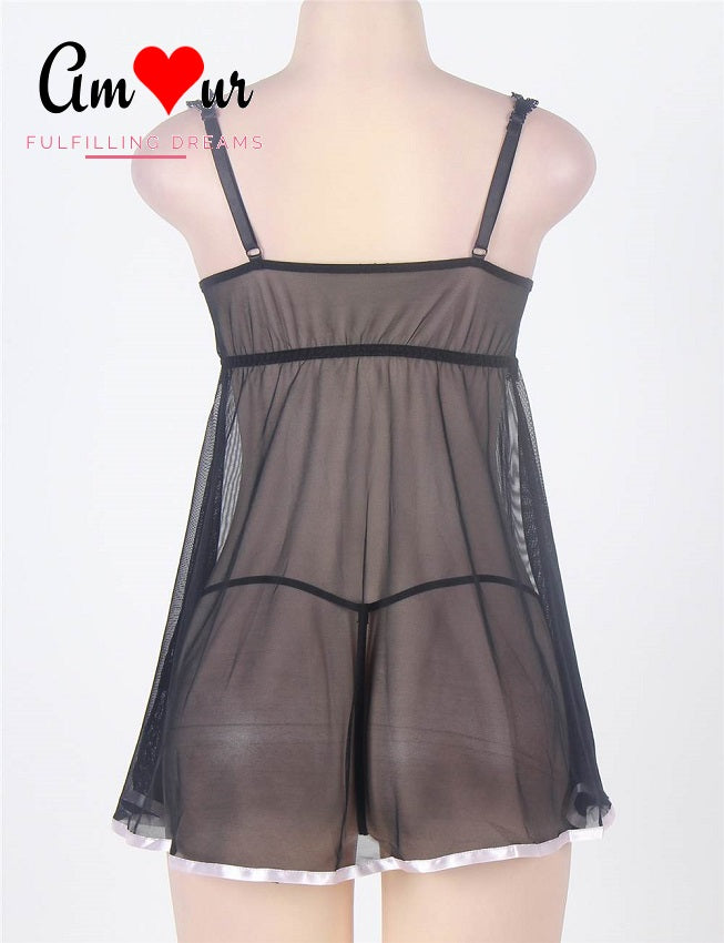 pink satin trim lace babydoll