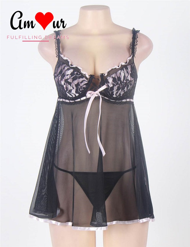 pink satin black lace babydoll