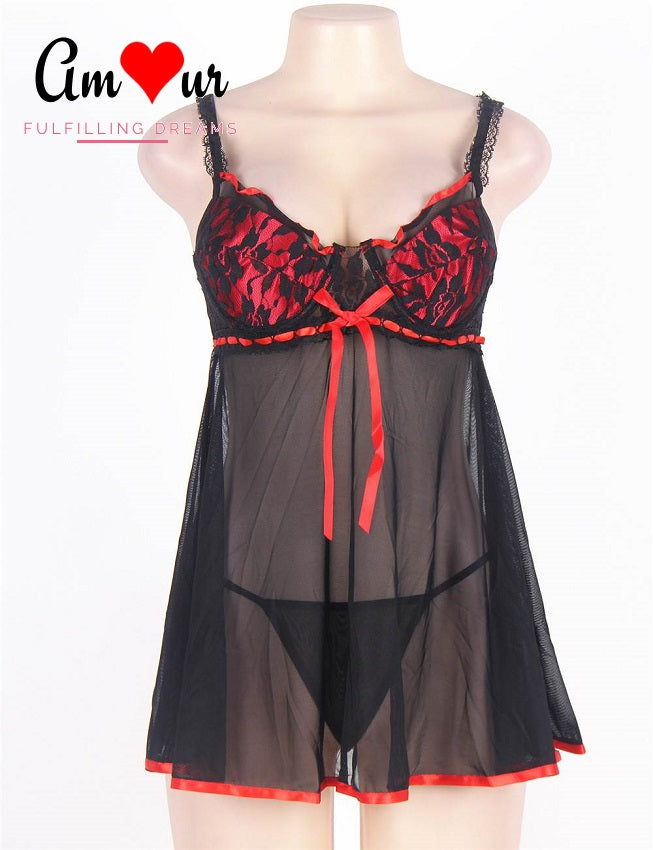 red satin black lace babydoll