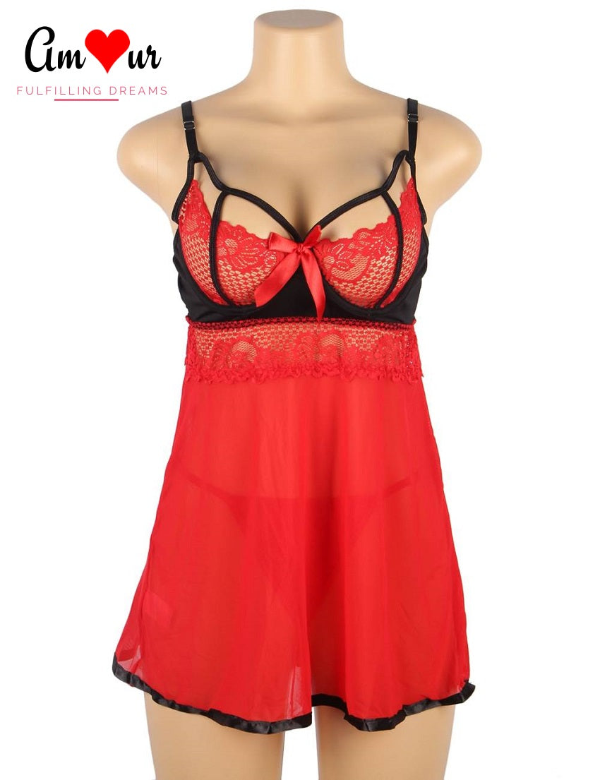 red sheer lace babydoll dress
