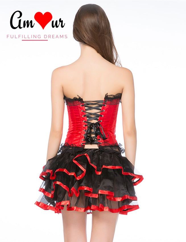 back ribbon tie corset and skirt set