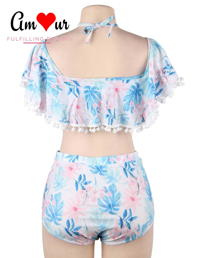 Off-Shoulder 2-Piece Pom Pom Bikini Swimwear