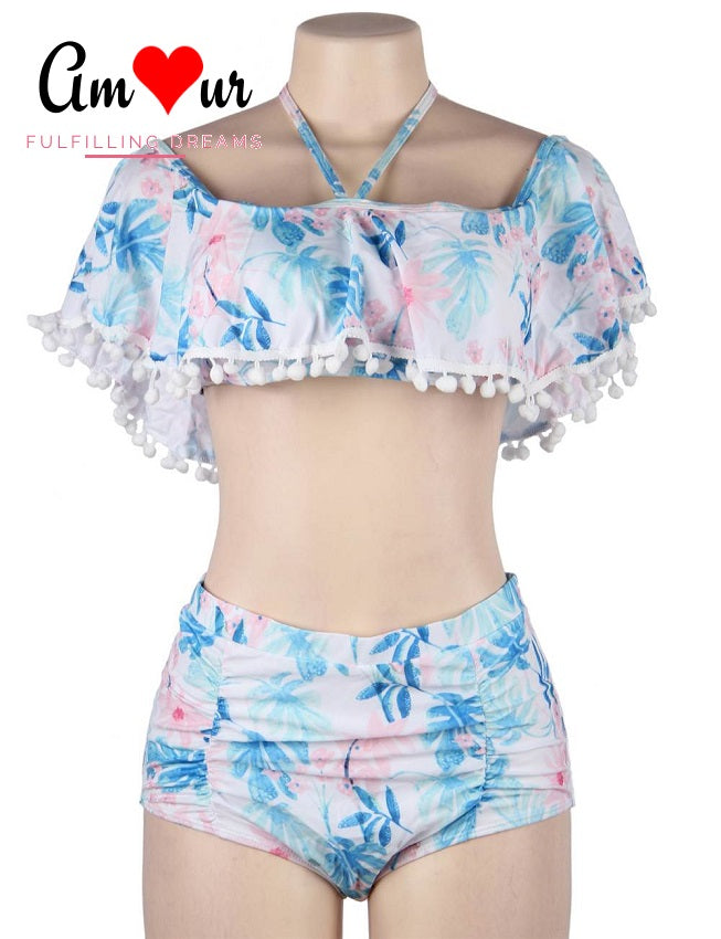 Off-Shoulder 2-Piece Pom Pom Bikini Swimwear