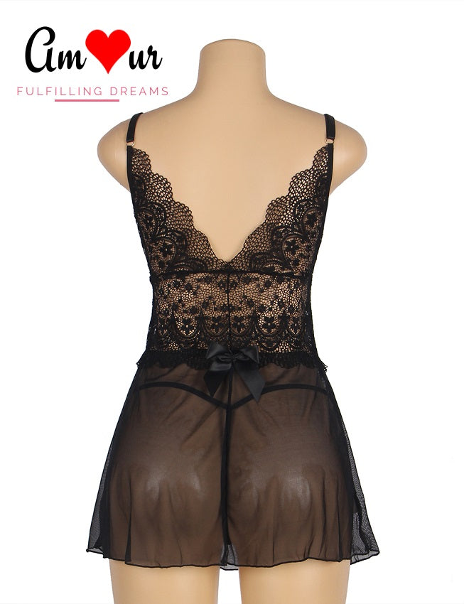 black ribbon lace chemise on mannequin