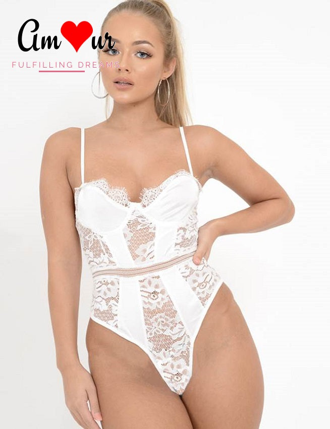 white sheer frilly lace bodysuit 