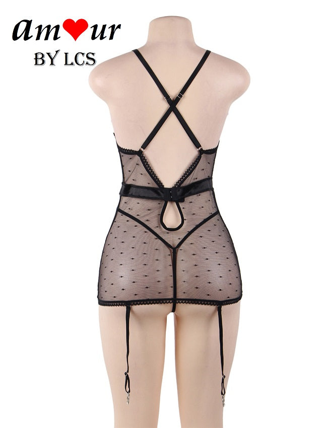 Stimulating Sheer Polka Dot Sexy Babydoll with Garters