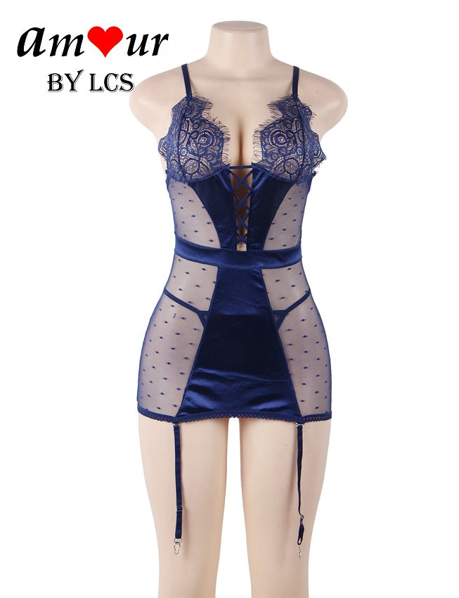 Stimulating Sheer Polka Dot Sexy Babydoll with Garters