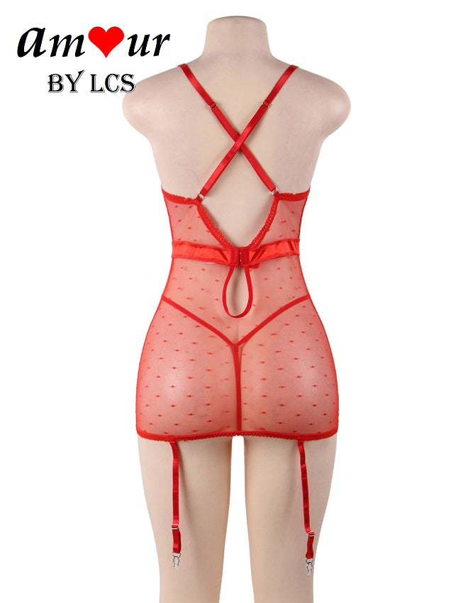 Stimulating Sheer Polka Dot Sexy Babydoll with Garters
