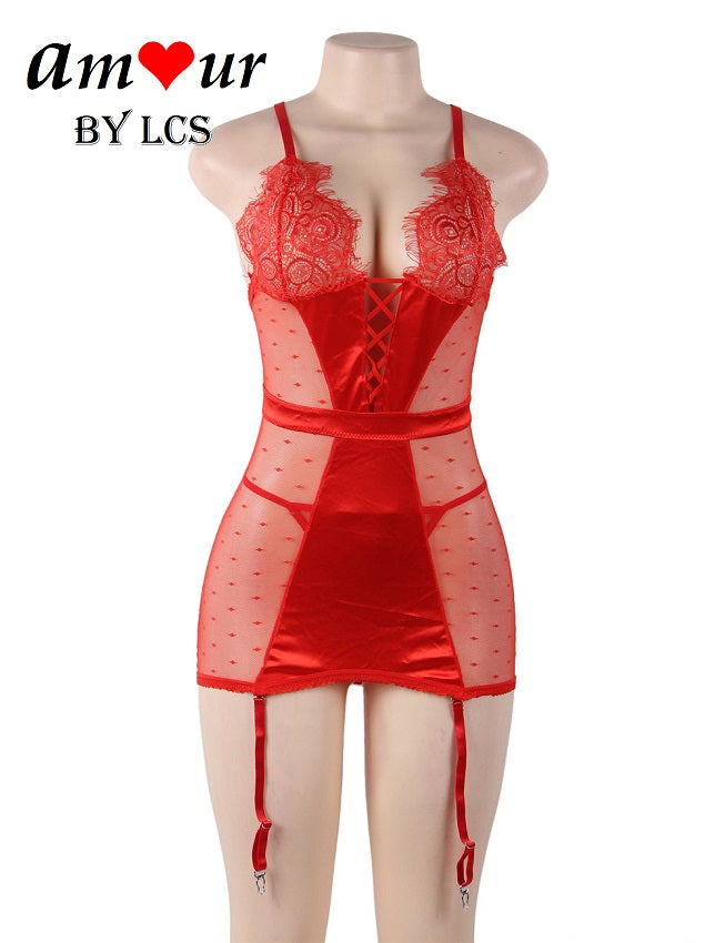 Stimulating Sheer Polka Dot Sexy Babydoll with Garters