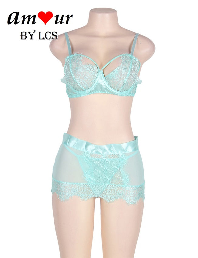 Sexy Floral Lace Bra & Micro Mini Skirt