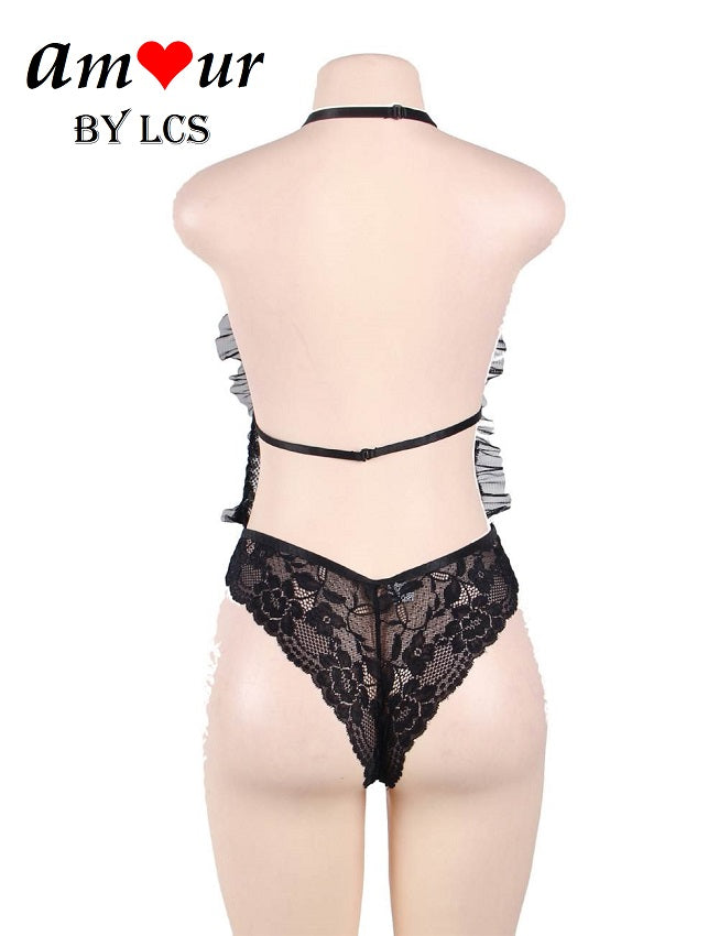 Deep Plunging Lace & Ruffles Sexy Teddy Lingerie