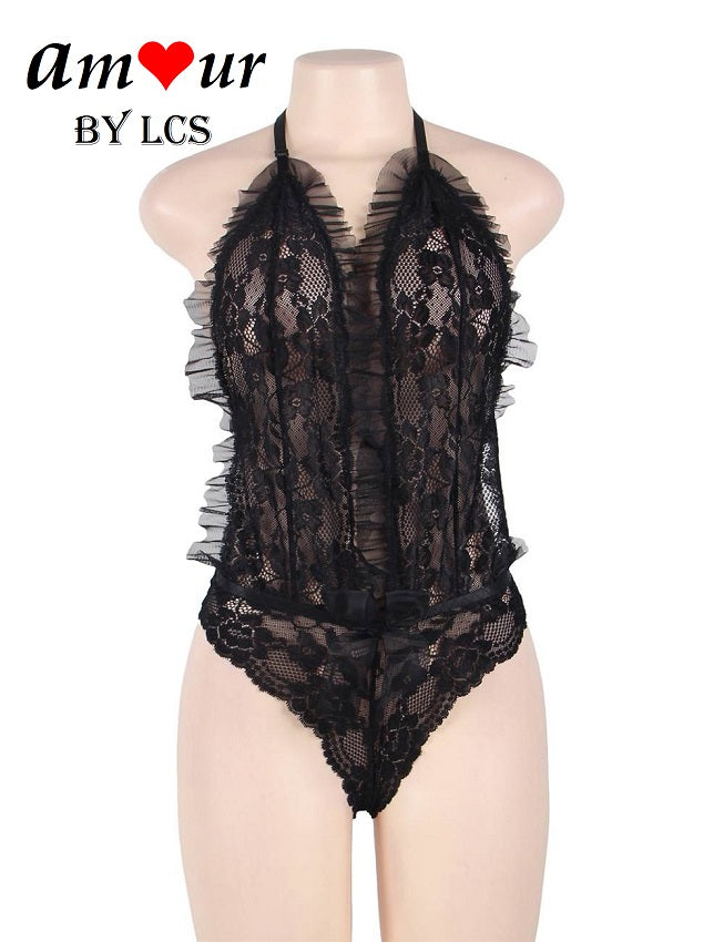 Deep Plunging Lace & Ruffles Sexy Teddy Lingerie