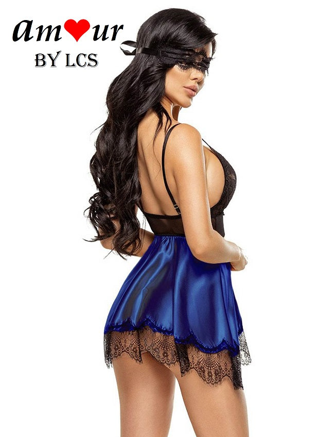 blue satin lace babydoll