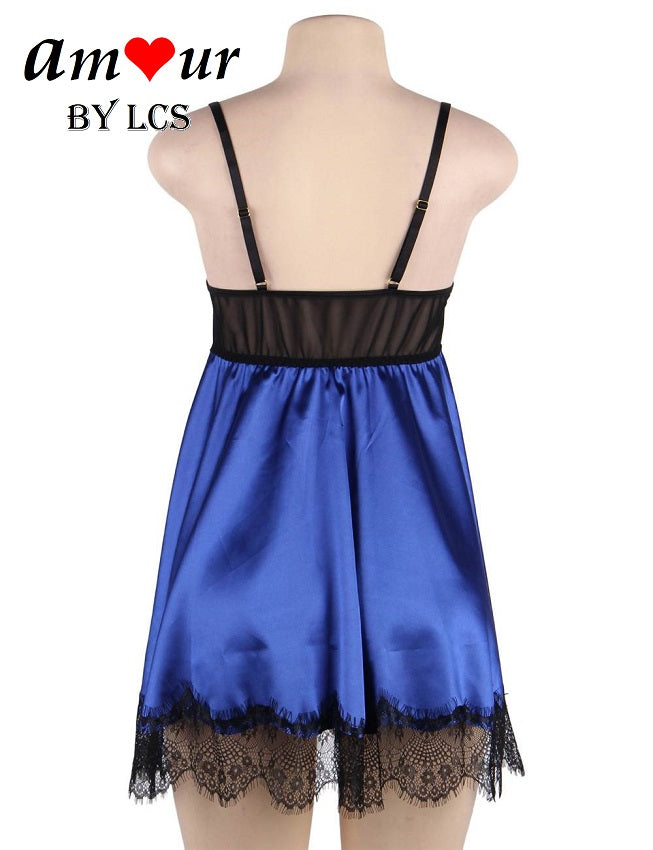 blue satin & lace babydoll backview