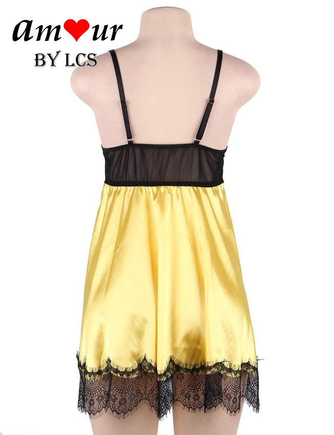 yellow satin & lace babydoll backview