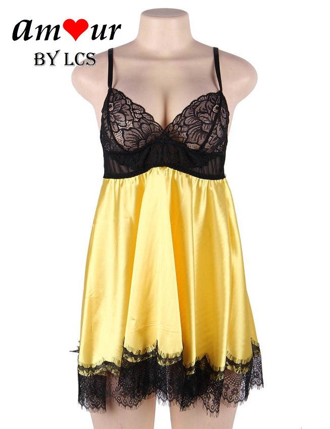 yellow  satin & lace babydoll