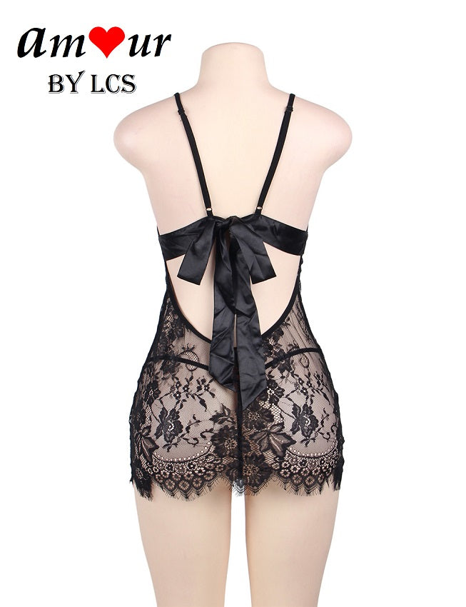 [black ribbon tieback babydoll] - AMOUR Lingerie