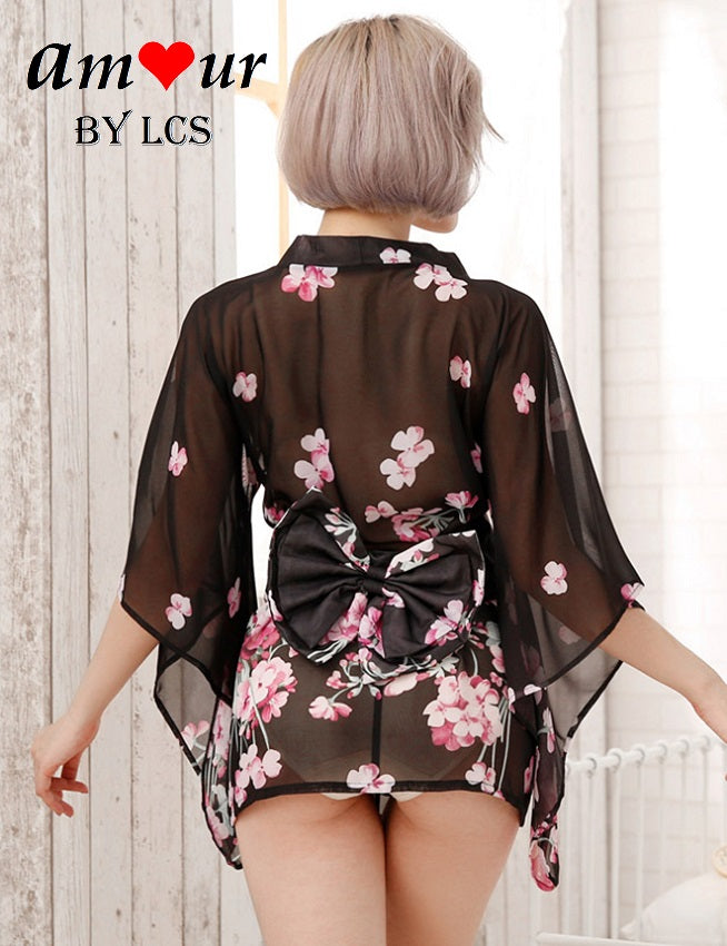 [black micro mini kimono robe] - AMOUR Lingerie