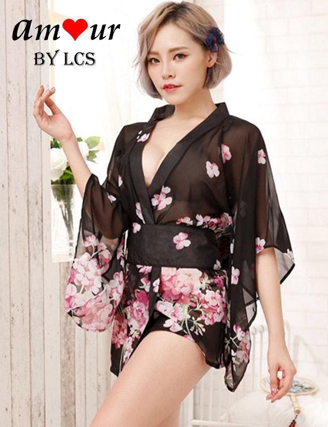 [erotic black japanese kimono robe] - AMOUR Lingerie