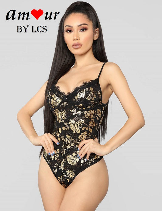 [black & gold lace bodysuit] - AMOUR Lingerie