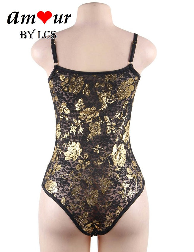 Resplendent Gold Foil Flower Print Sexy Lace Teddy