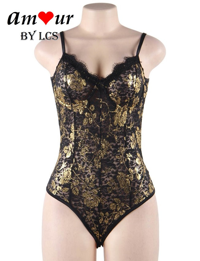 Resplendent Gold Foil Flower Print Sexy Lace Teddy