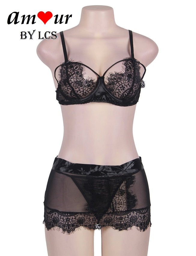 Sexy Floral Lace Bra & Micro Mini Skirt