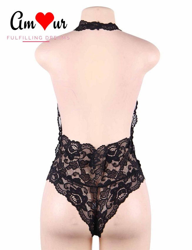 Deep Plunging All Lace Halter Teddy Lingerie