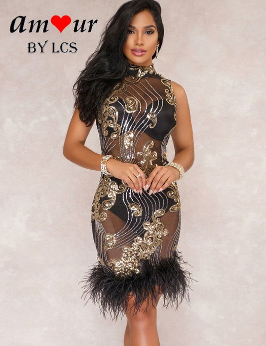 sexy sequin fur club dress
