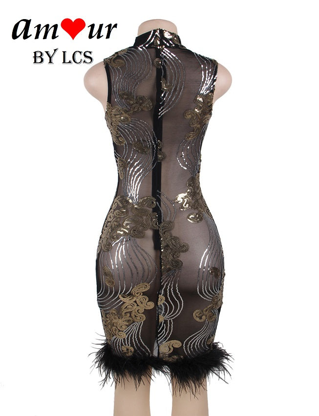 Shimmering Sequin Sheer Furry Clubbing Dress